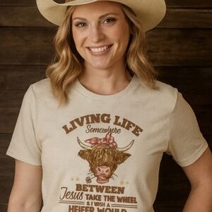 Funny Cow Graphic Tee | Jesus Take the Wheel Heifer Shirt | Western Farm Humor